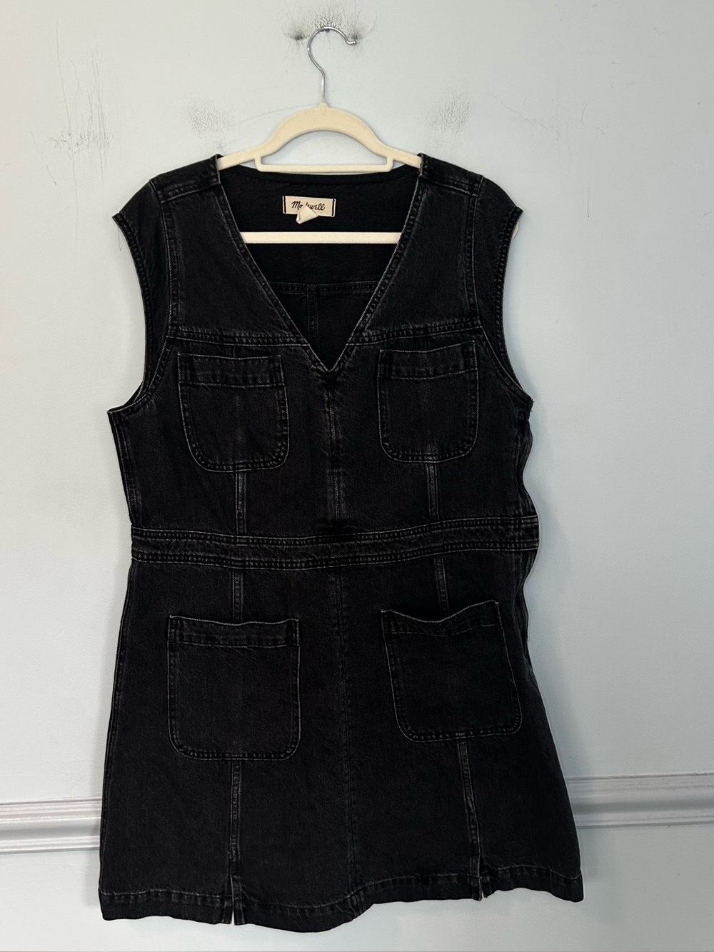 Madewell Tarrybrook Wash V-Neck Cap Sleeve Black Denim Mini Dress Size 16